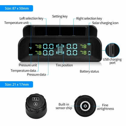 Solar Powered Tyre Pressure Monitoring System - Car + 4WD + Caravan TPMS