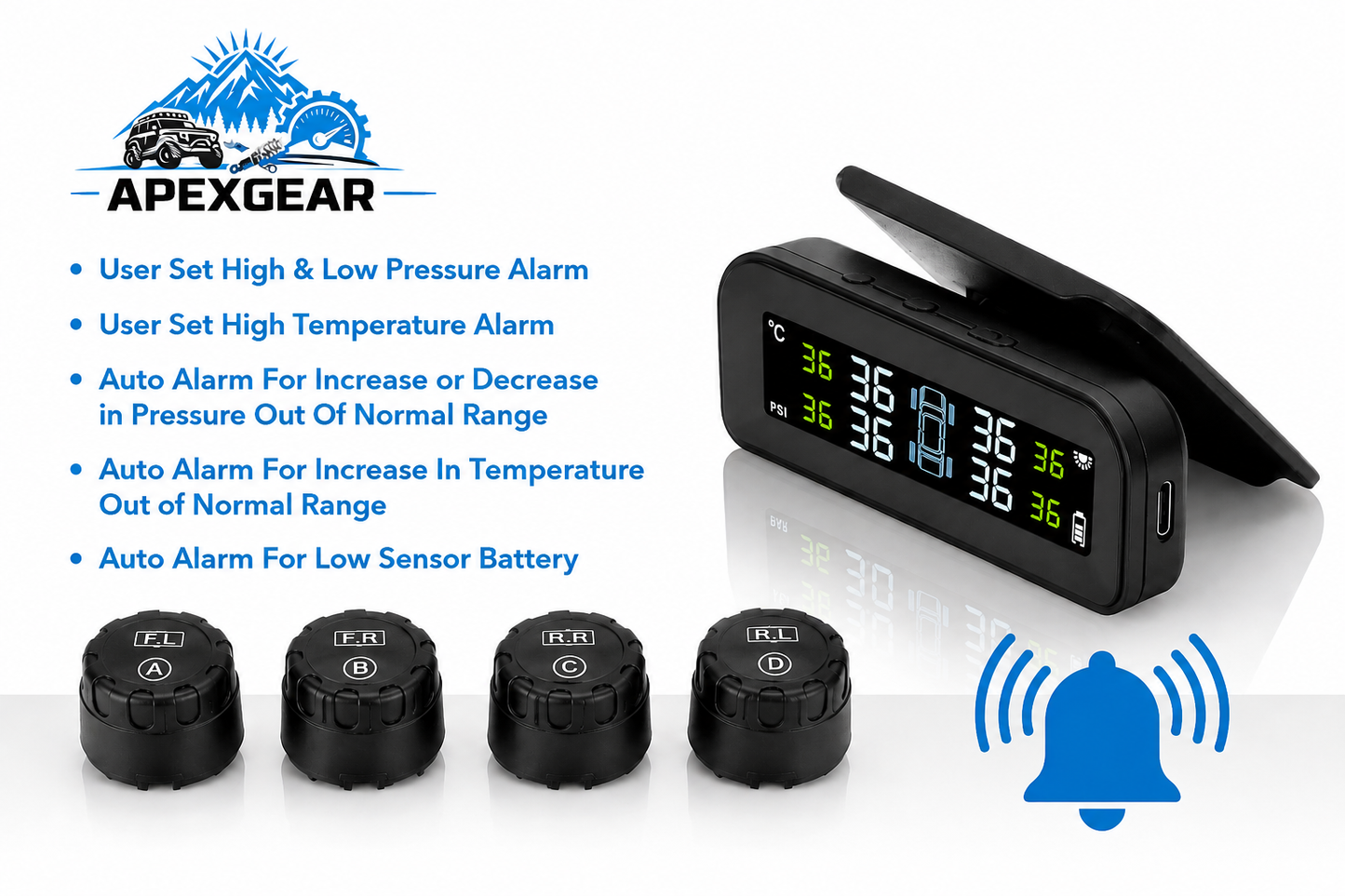 Solar Powered Tyre Pressure Monitoring System - Car + 4WD + Caravan TPMS